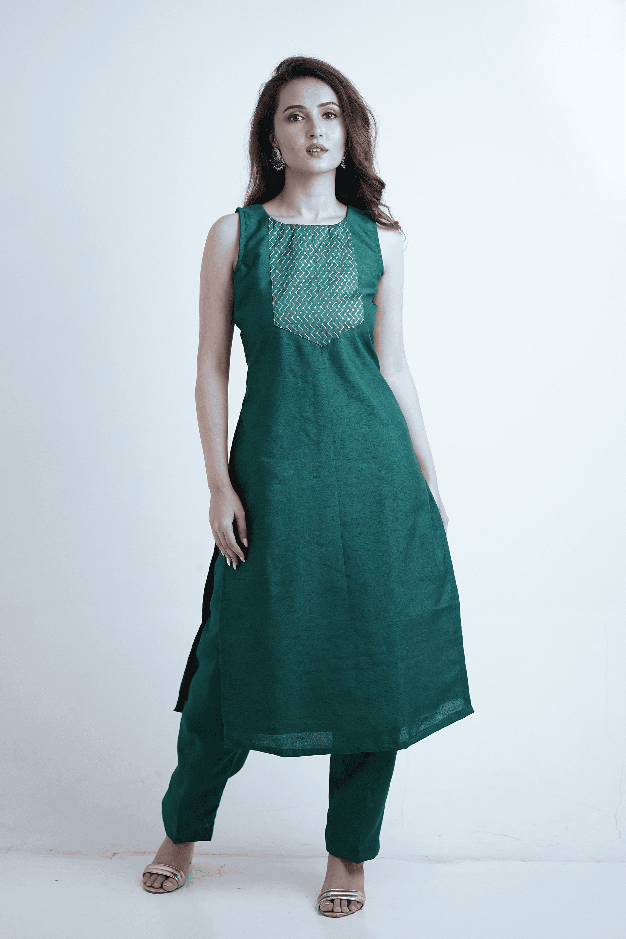 Bottle green kurta with pants